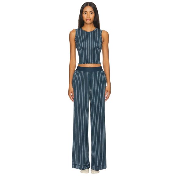 WeWoreWhat Wide Leg Pants in Navy & Cream Small New Womens Wide Leg - Picture 1 of 9